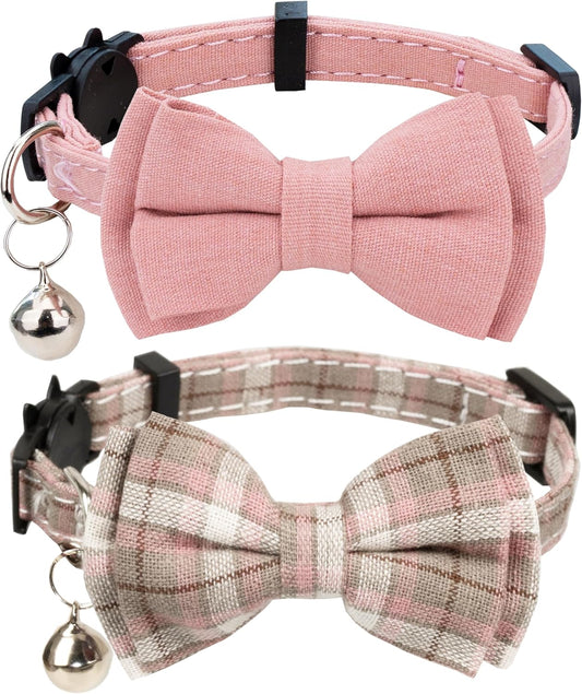 Adjustable Breakaway Cat Collar Set with Bowtie and Bell - Solid Plaid Design in Pink (2 Pieces)